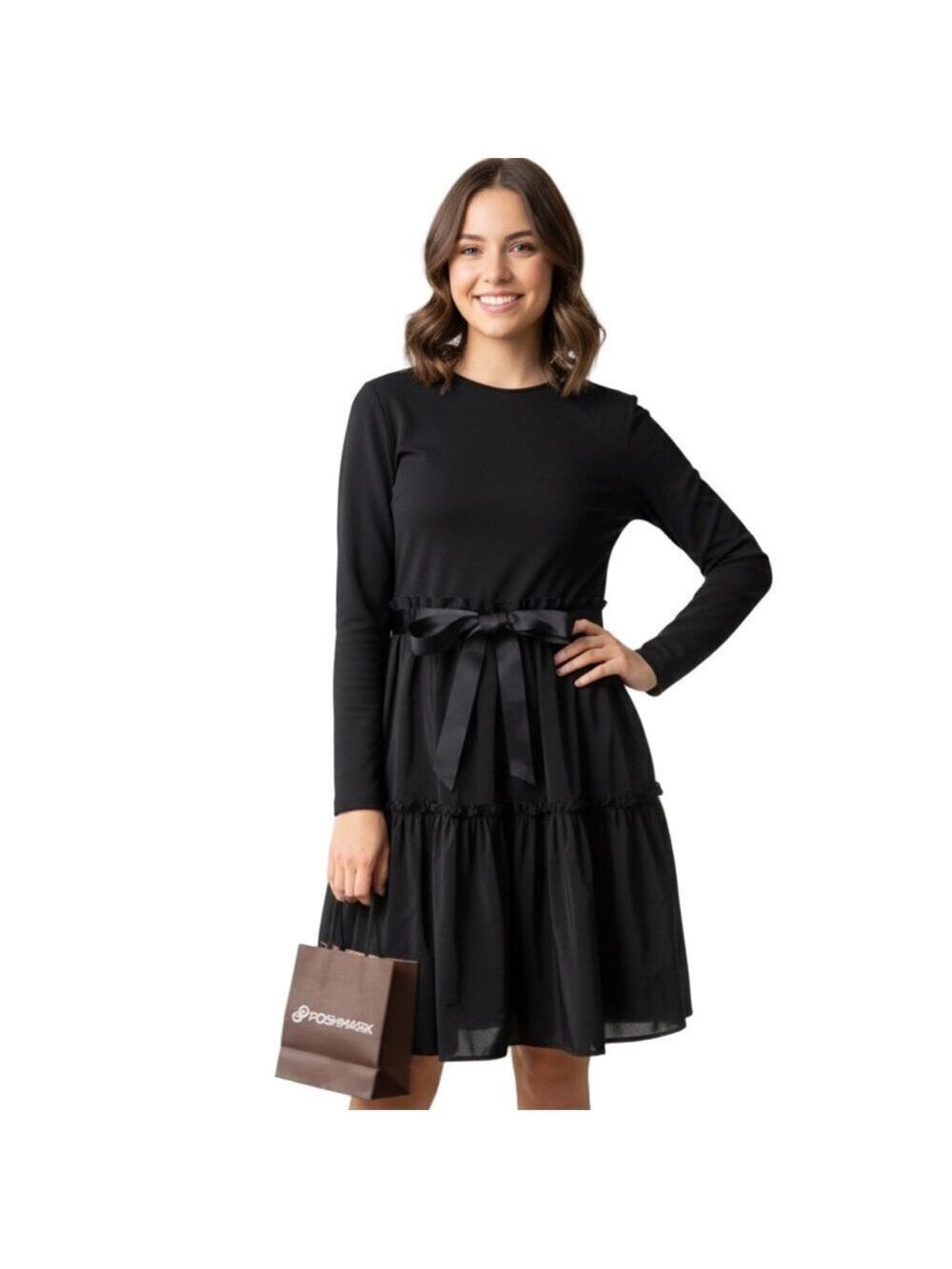 Black Long Sleeve Tiered Dress Sz Large Bohemian